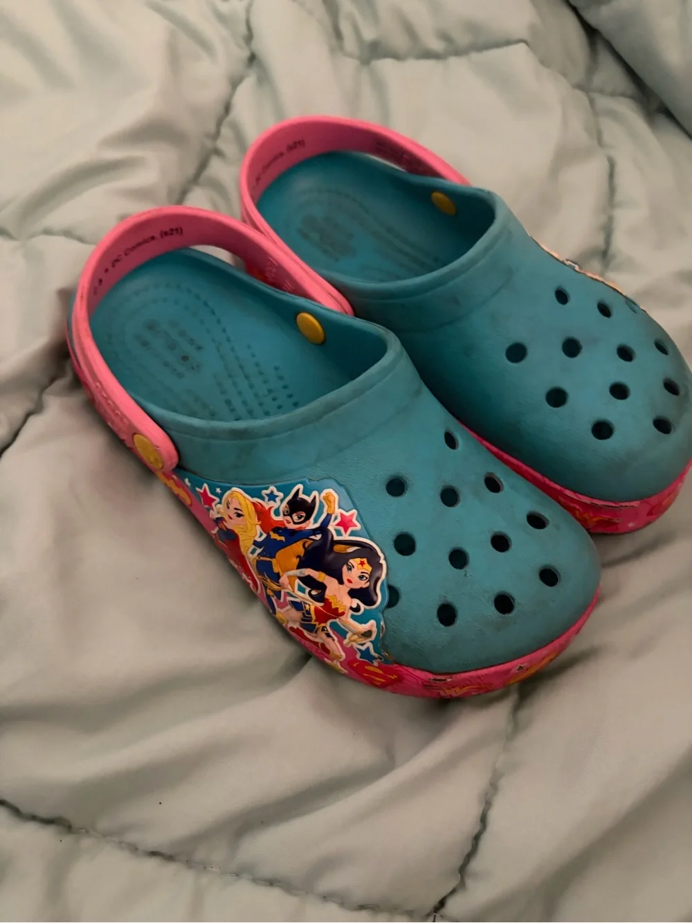 CROCS Kids Teal Clog with Pink Strap and Superhero Patch